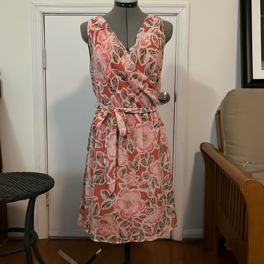 Coral floral faux wrap dress
